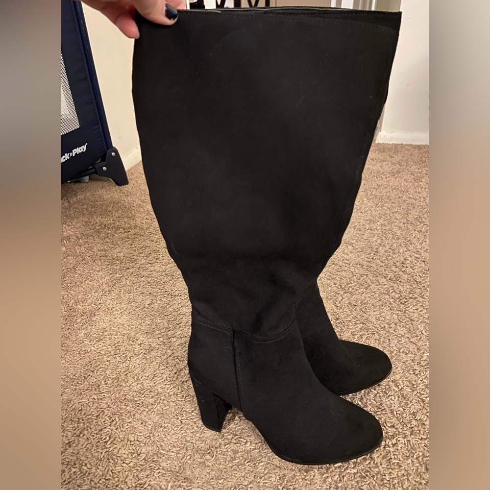 New with tags, A new day, 5 1/2 suede black knee high, heeled boots. Never worn